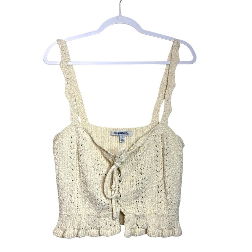Urban Outfitters Crochet Crop Tank Women L Cream Tie Front Boho Granolagirl